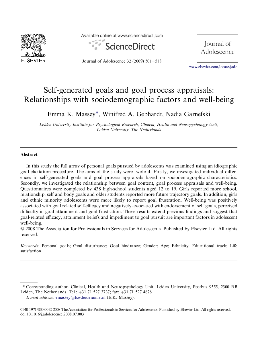 Self-generated goals and goal process appraisals: Relationships with sociodemographic factors and well-being