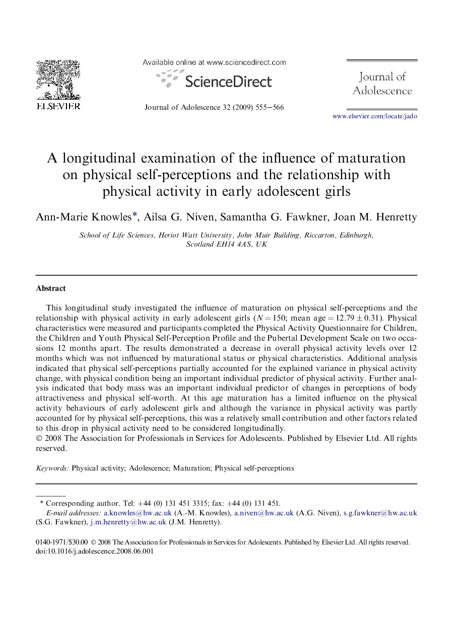 A longitudinal examination of the influence of maturation on physical self-perceptions and the relationship with physical activity in early adolescent girls