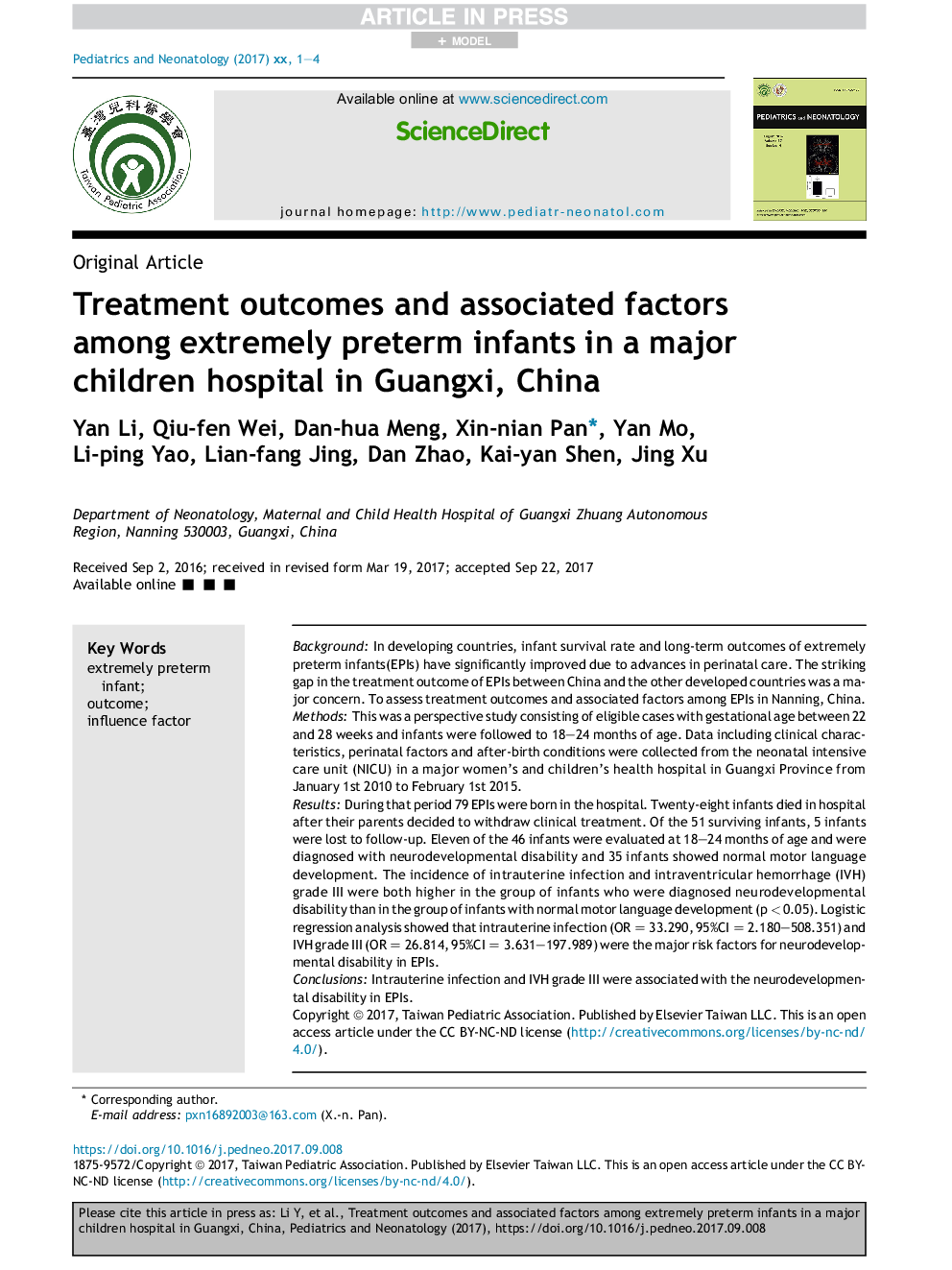 Treatment outcomes and associated factors among extremely preterm infants in a major children hospital in Guangxi, China