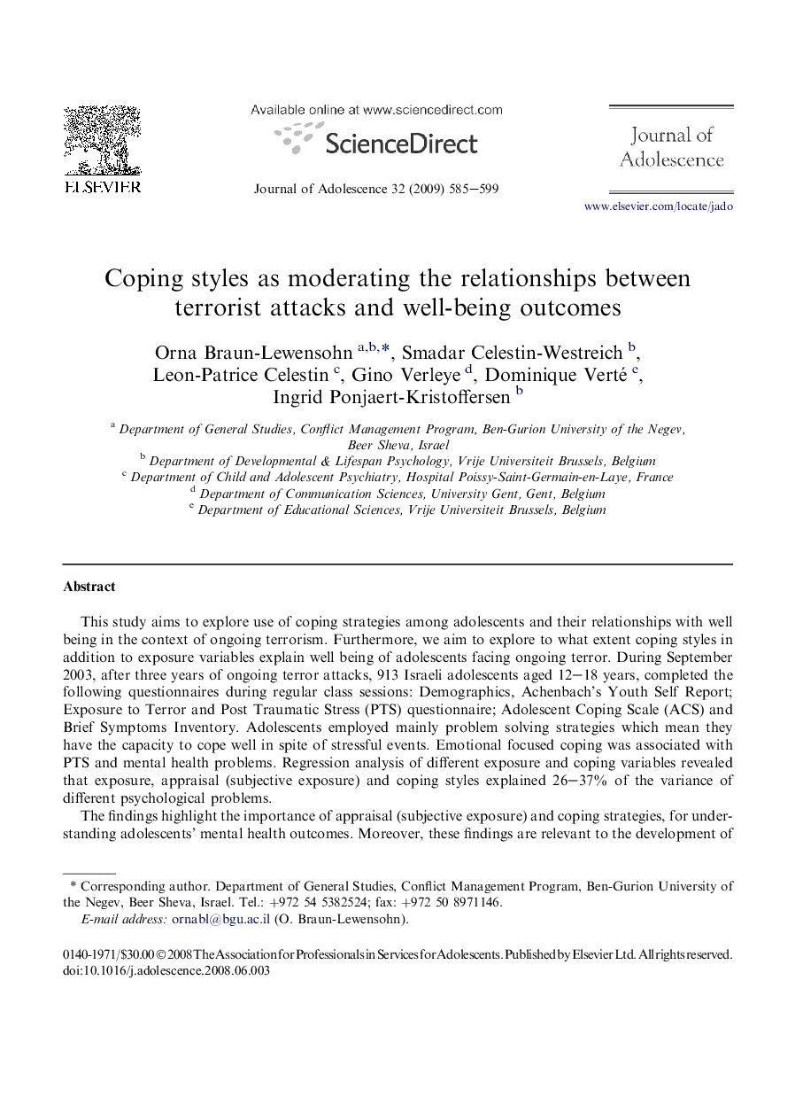 Coping styles as moderating the relationships between terrorist attacks and well-being outcomes