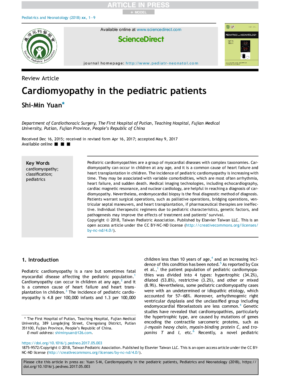 Cardiomyopathy in the pediatric patients