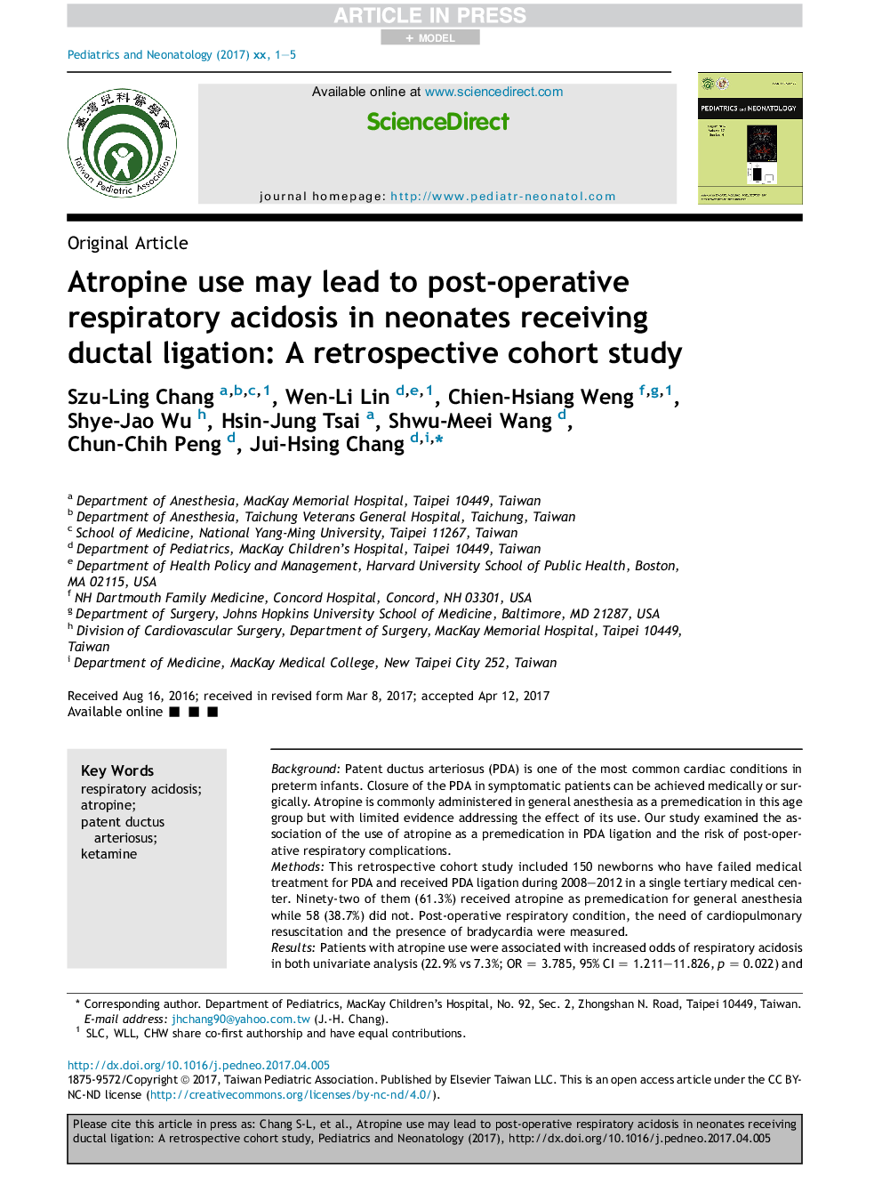 Atropine use may lead to post-operative respiratory acidosis in neonates receiving ductal ligation: A retrospective cohort study