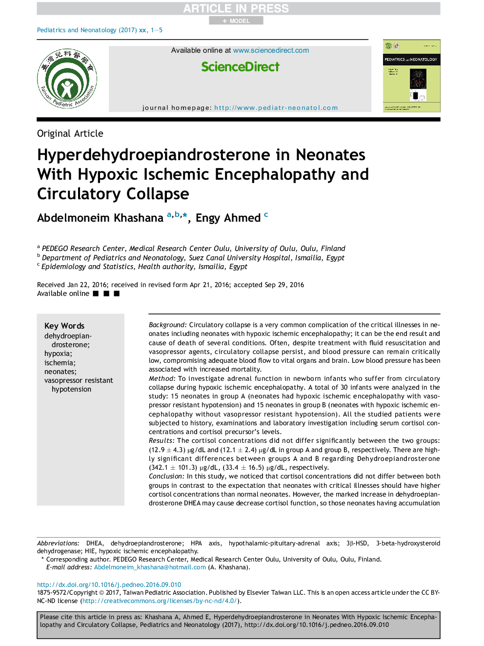 Hyperdehydroepiandrosterone in neonates with hypoxic ischemic encephalopathy and circulatory collapse