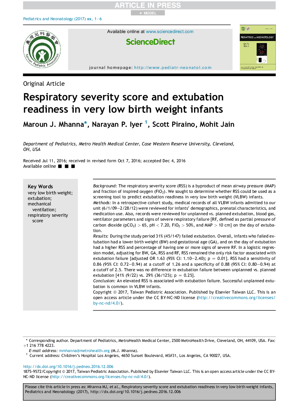 Respiratory severity score and extubation readiness in very low birth weight infants