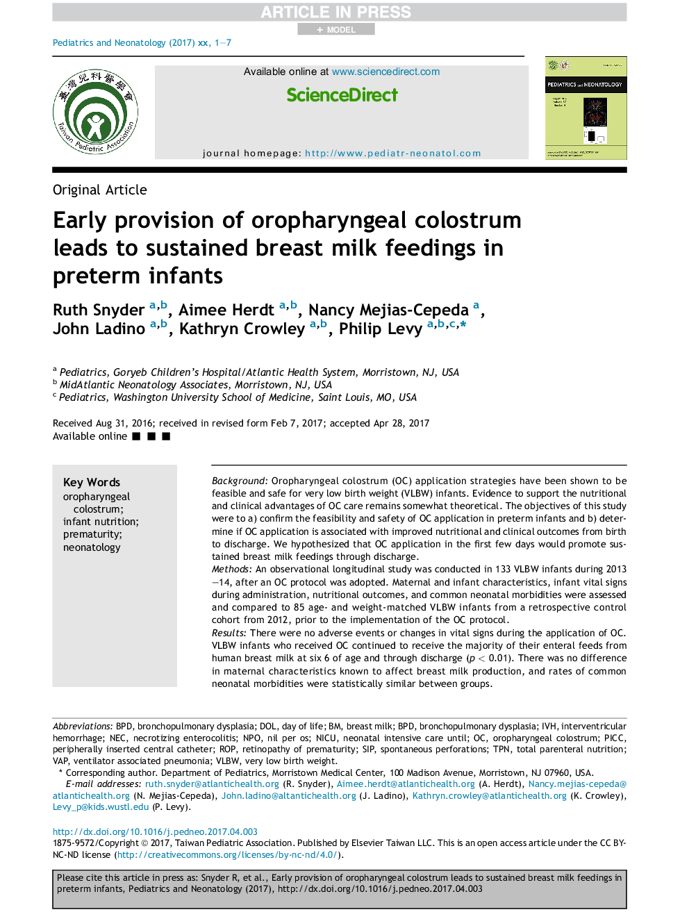 Early provision of oropharyngeal colostrum leads to sustained breast milk feedings in preterm infants