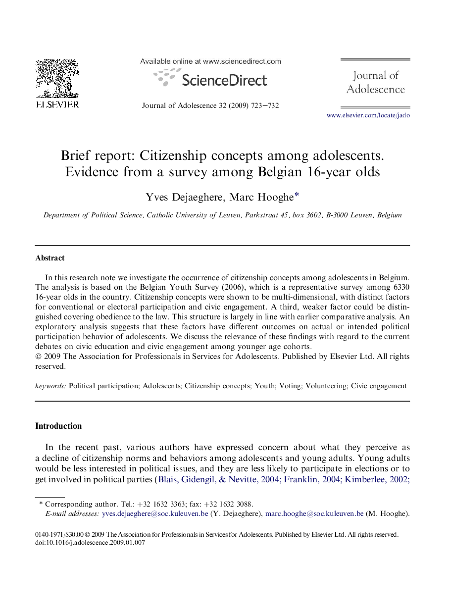 Brief report: Citizenship concepts among adolescents. Evidence from a survey among Belgian 16-year olds