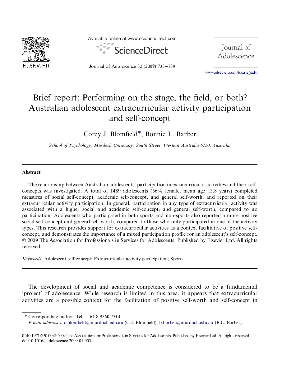 Brief report: Performing on the stage, the field, or both? Australian adolescent extracurricular activity participation and self-concept
