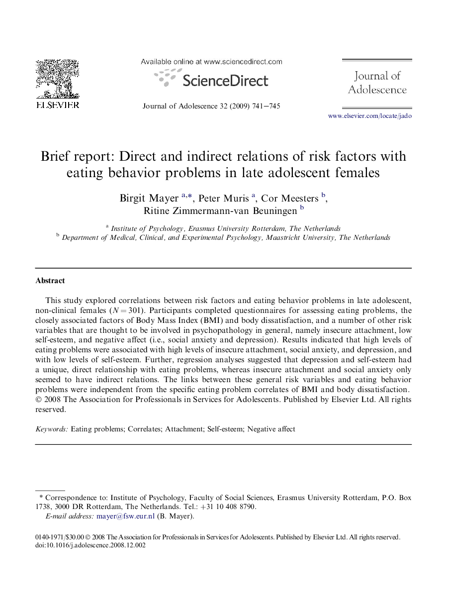 Brief report: Direct and indirect relations of risk factors with eating behavior problems in late adolescent females