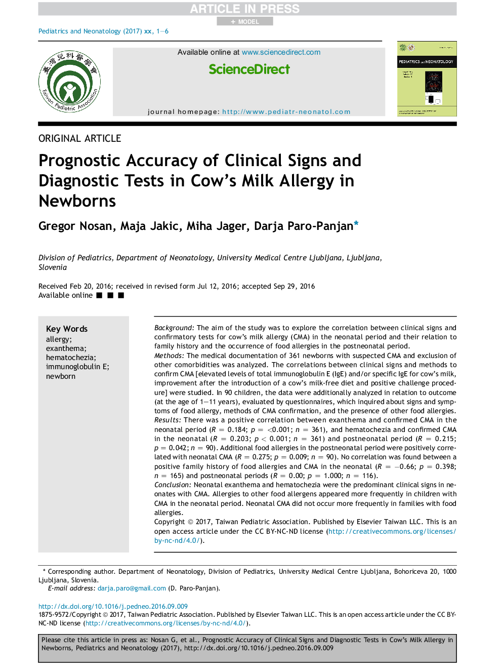 Prognostic accuracy of clinical signs and diagnostic tests in cow's milk allergy in newborns