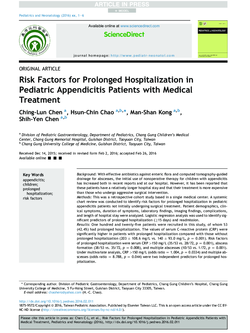 Risk Factors for Prolonged Hospitalization in Pediatric Appendicitis Patients with Medical Treatment