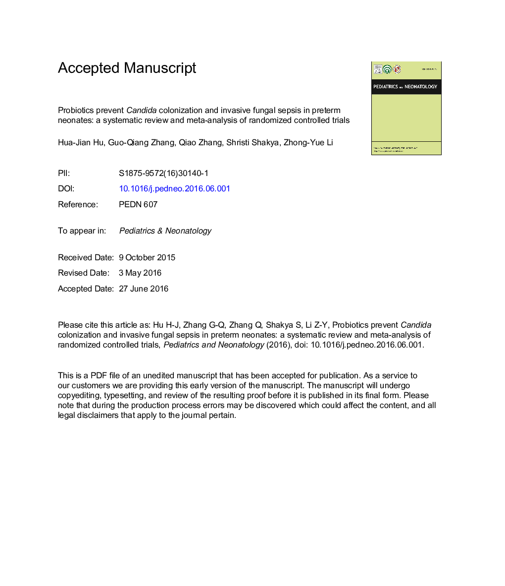 Probiotics Prevent Candida Colonization and Invasive Fungal Sepsis in Preterm Neonates: A Systematic Review and Meta-Analysis of Randomized Controlled Trials