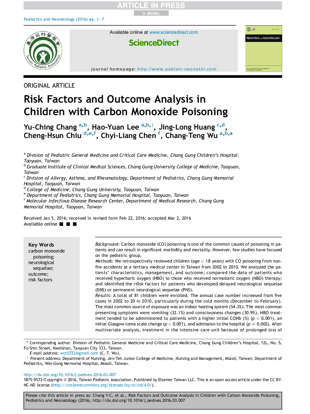 Risk Factors and Outcome Analysis in Children with Carbon Monoxide Poisoning