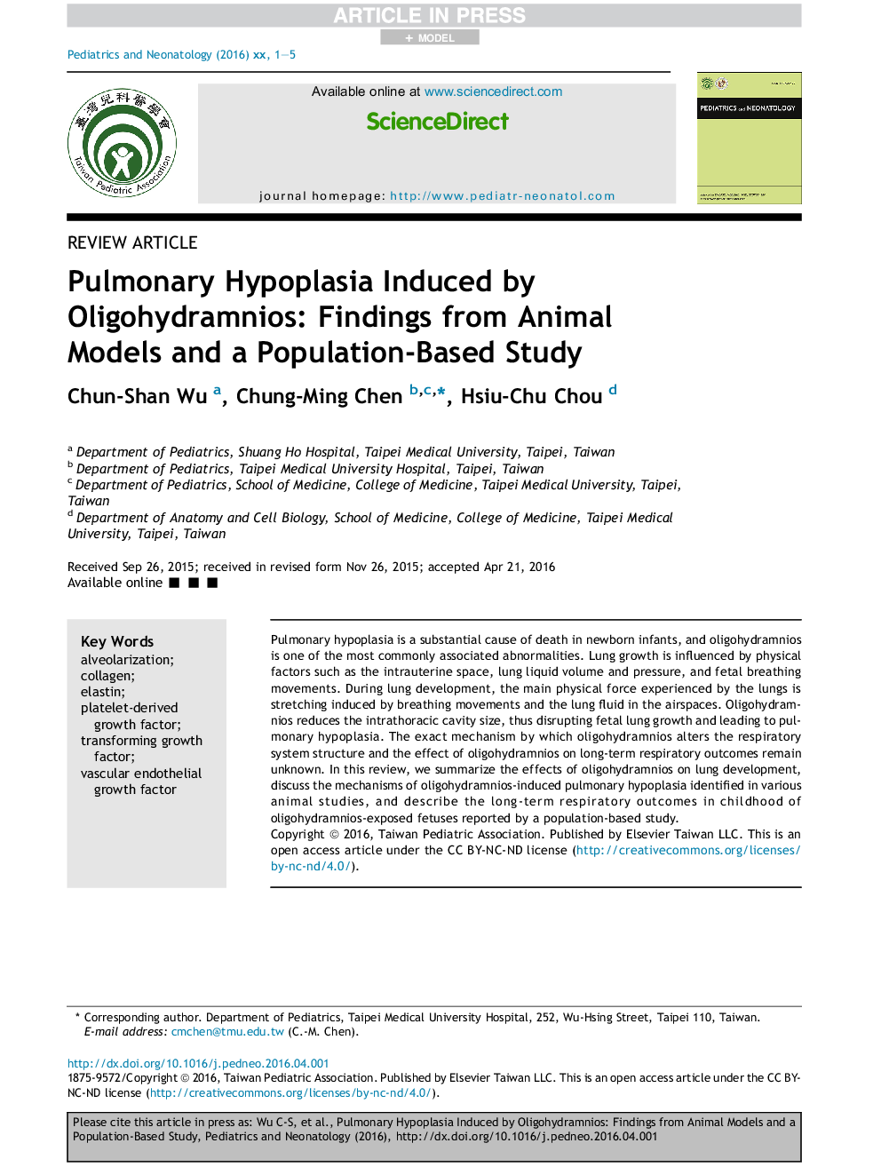 Pulmonary Hypoplasia Induced by Oligohydramnios: Findings from Animal Models and a Population-Based Study