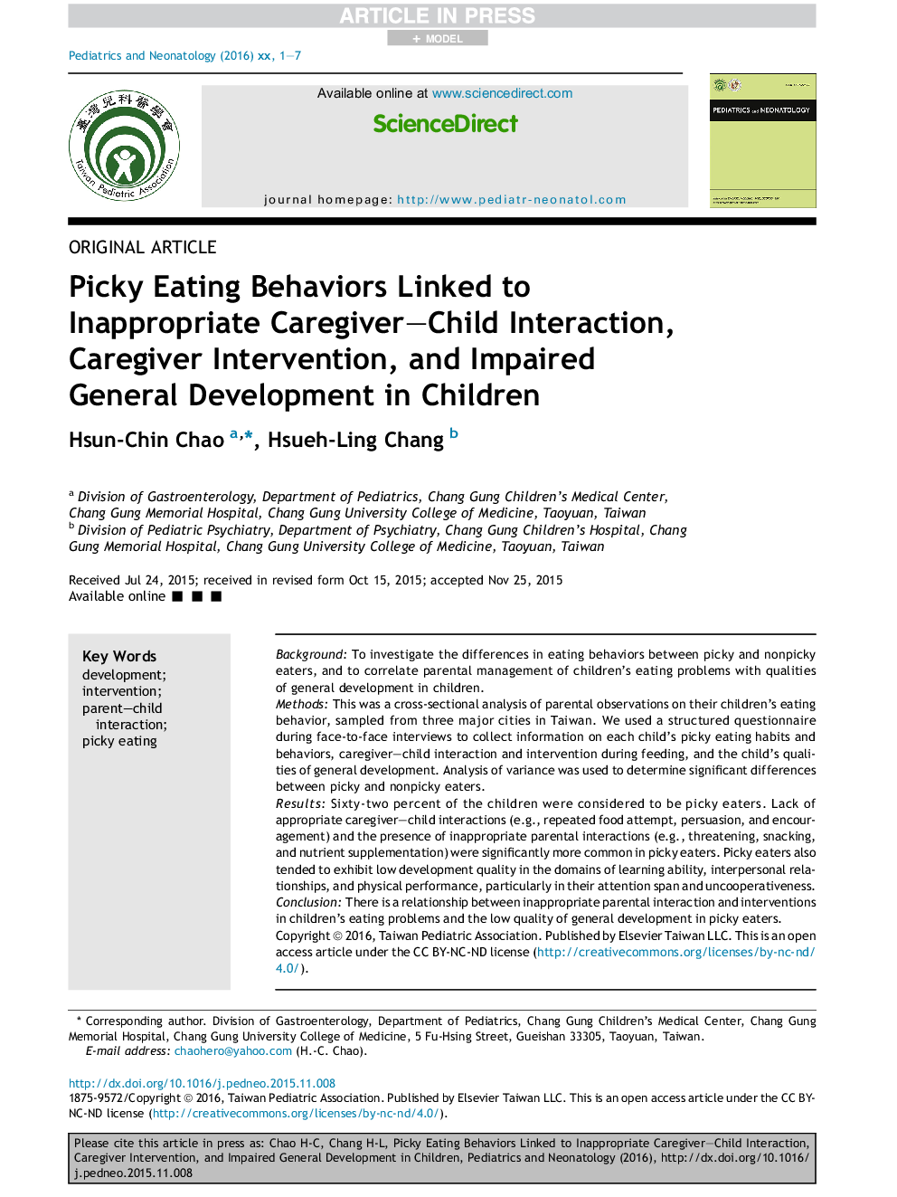 Picky Eating Behaviors Linked to Inappropriate Caregiver-Child Interaction, Caregiver Intervention, and Impaired General Development in Children