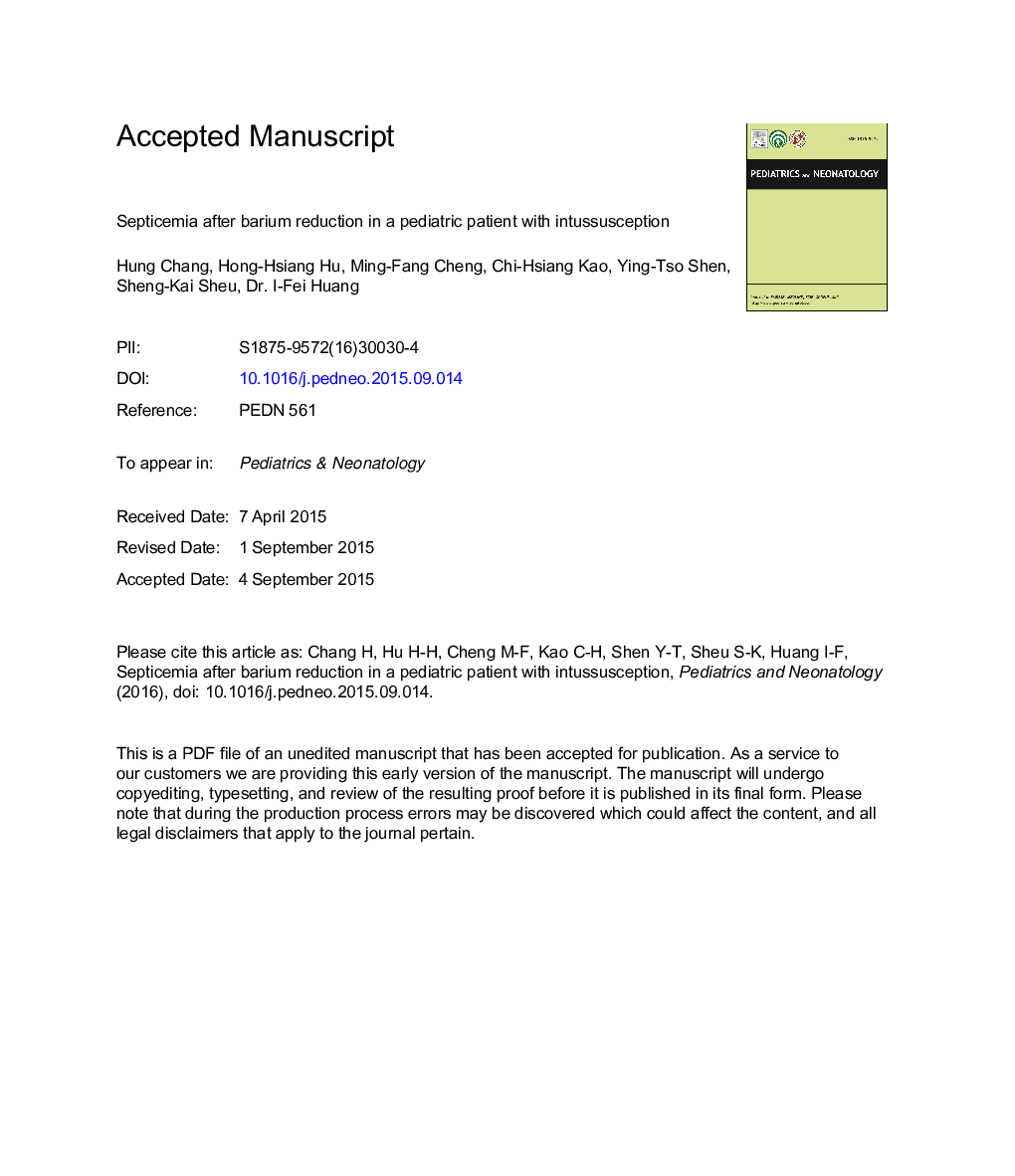 Septicemia after Barium Reduction in a Pediatric Patient with Intussusception