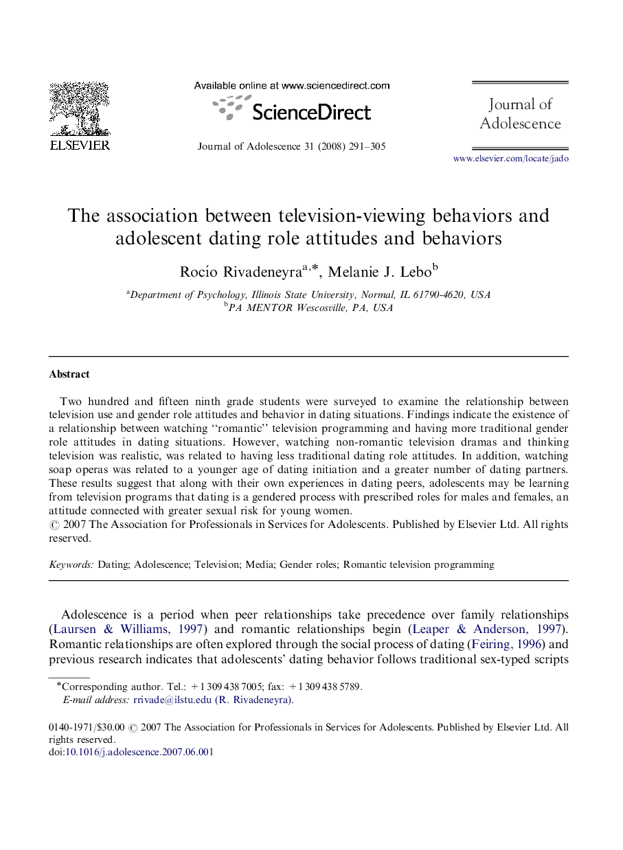 The association between television-viewing behaviors and adolescent dating role attitudes and behaviors