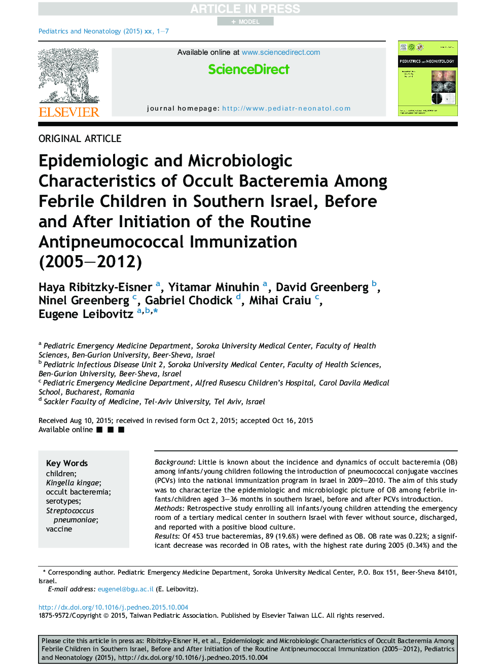 Epidemiologic and Microbiologic Characteristics of Occult Bacteremia Among Febrile Children in Southern Israel, Before and After Initiation of the Routine Antipneumococcal Immunization (2005-2012)