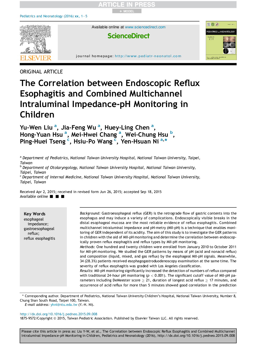 The Correlation between Endoscopic Reflux Esophagitis and Combined Multichannel Intraluminal Impedance-pH Monitoring in Children