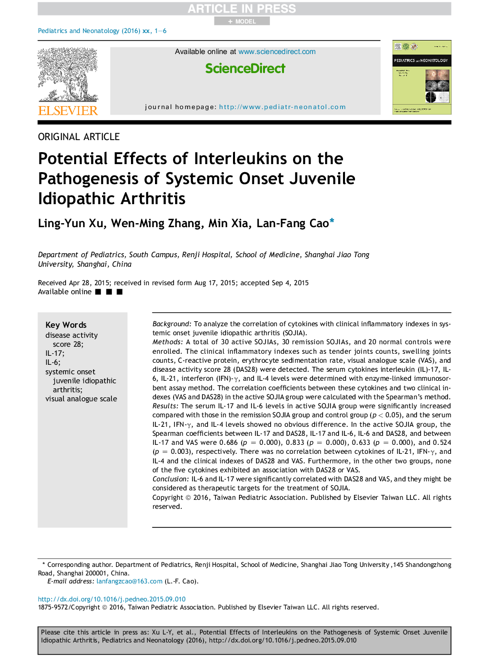 Potential Effects of Interleukins on the Pathogenesis of Systemic Onset Juvenile Idiopathic Arthritis