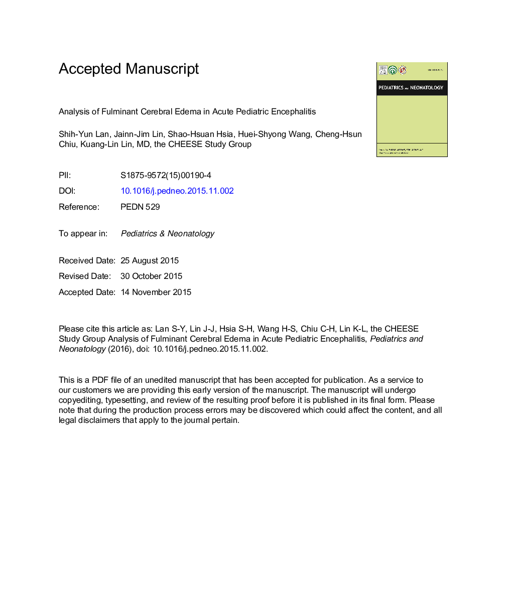 Analysis of Fulminant Cerebral Edema in Acute Pediatric Encephalitis