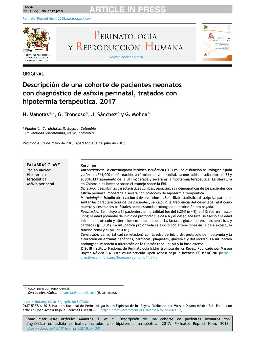 Descripción de una cohorte de pacientes neonatos con diagnóstico de asfixia perinatal, tratados con hipotermia terapéutica. 2017