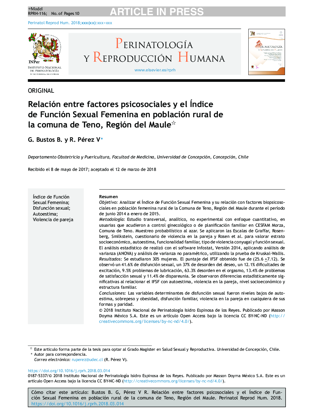 Relación entre factores psicosociales y el Índice de Función Sexual Femenina en población rural de la comuna de Teno, Región del Maule