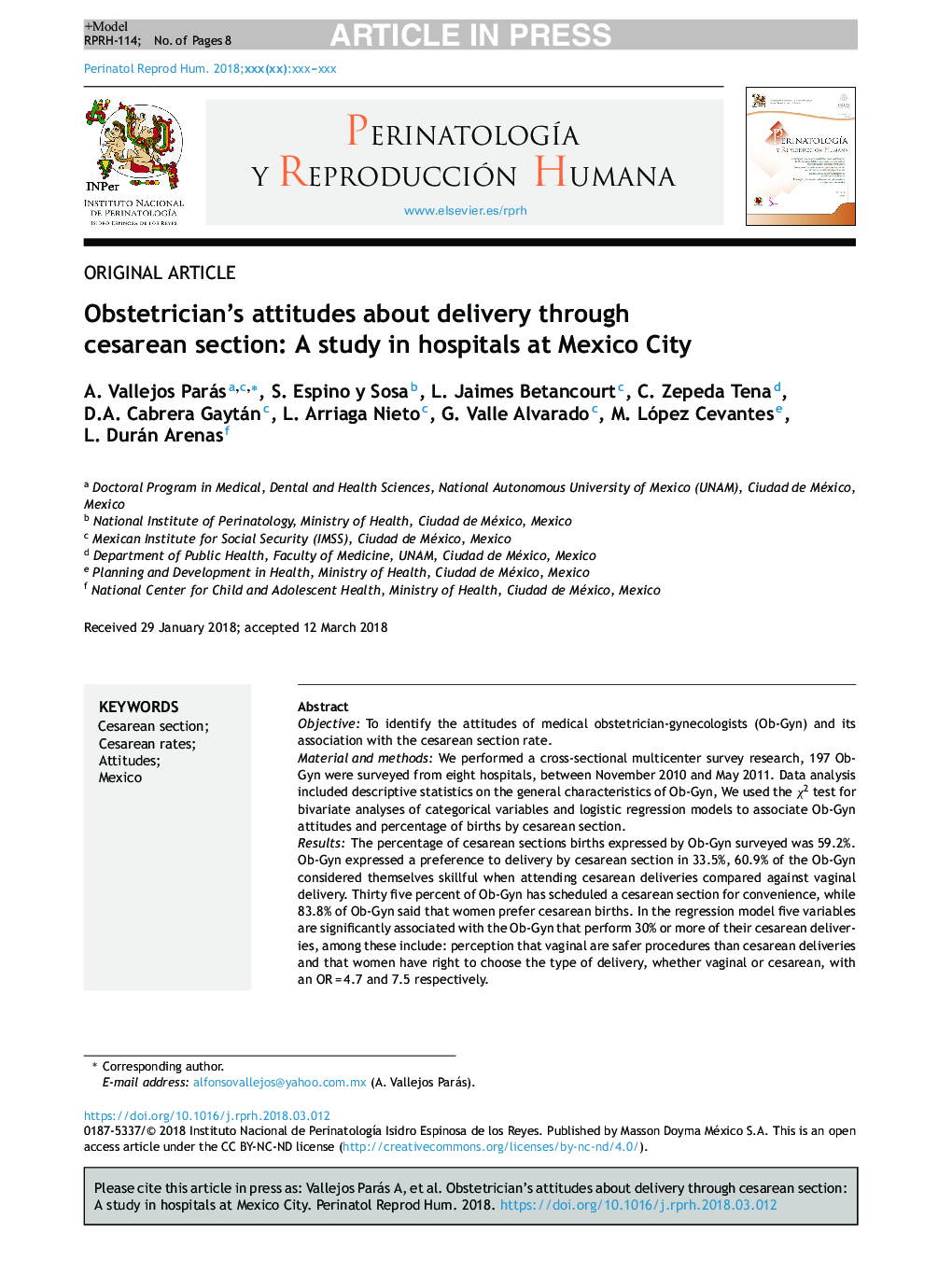 Obstetrician's attitudes about delivery through cesarean section: A study in hospitals at Mexico City