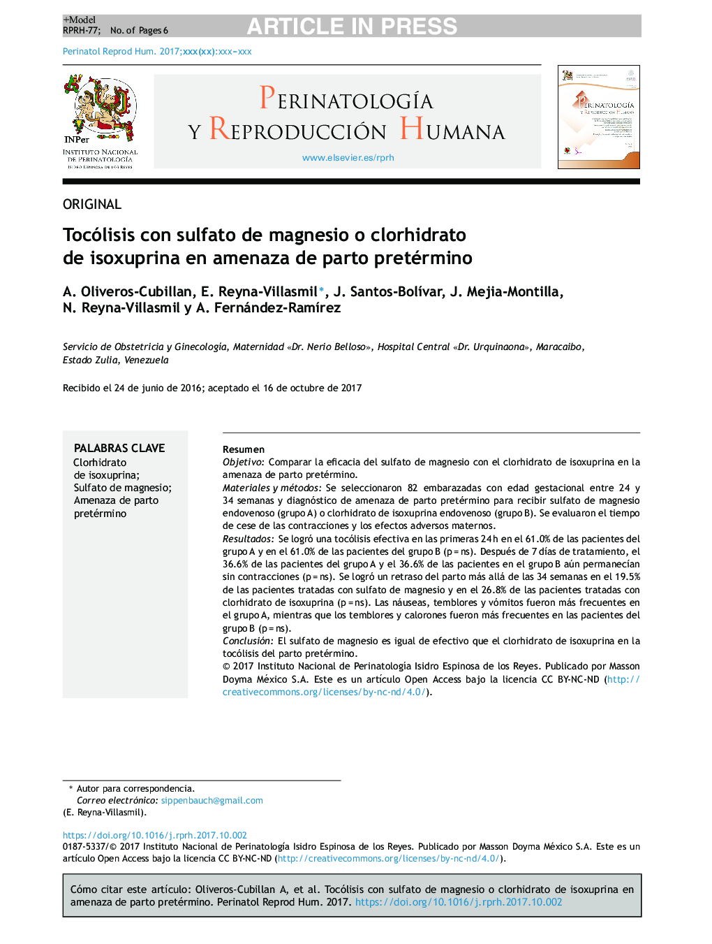 Tocólisis con sulfato de magnesio o clorhidrato de isoxuprina en amenaza de parto pretérmino