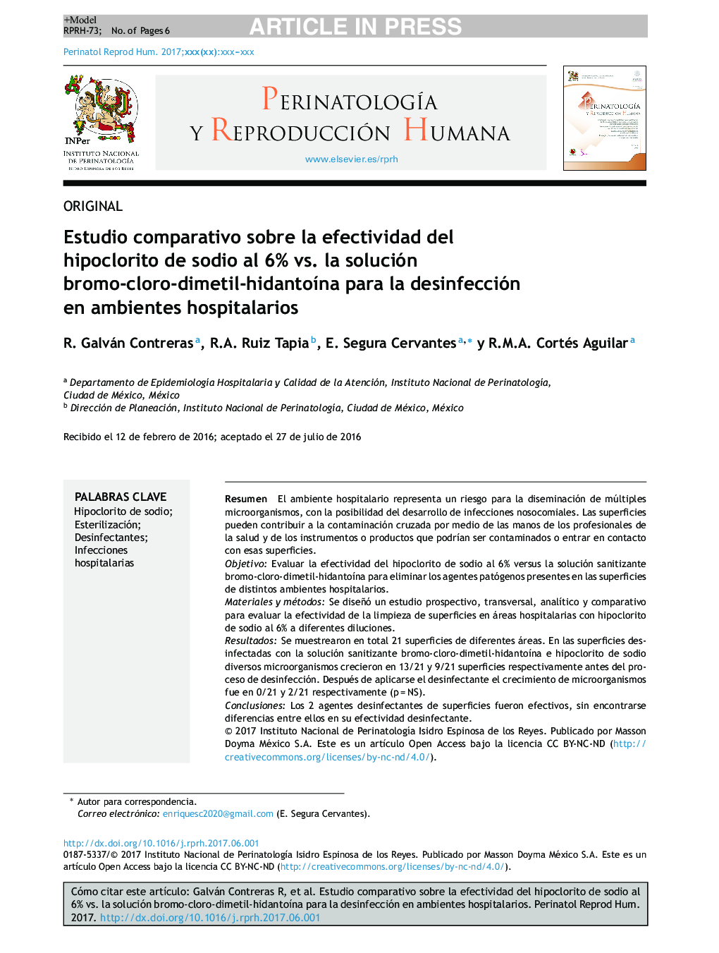 Estudio comparativo sobre la efectividad del hipoclorito de sodio al 6% vs. la solución bromo-cloro-dimetil-hidantoÃ­na para la desinfección en ambientes hospitalarios