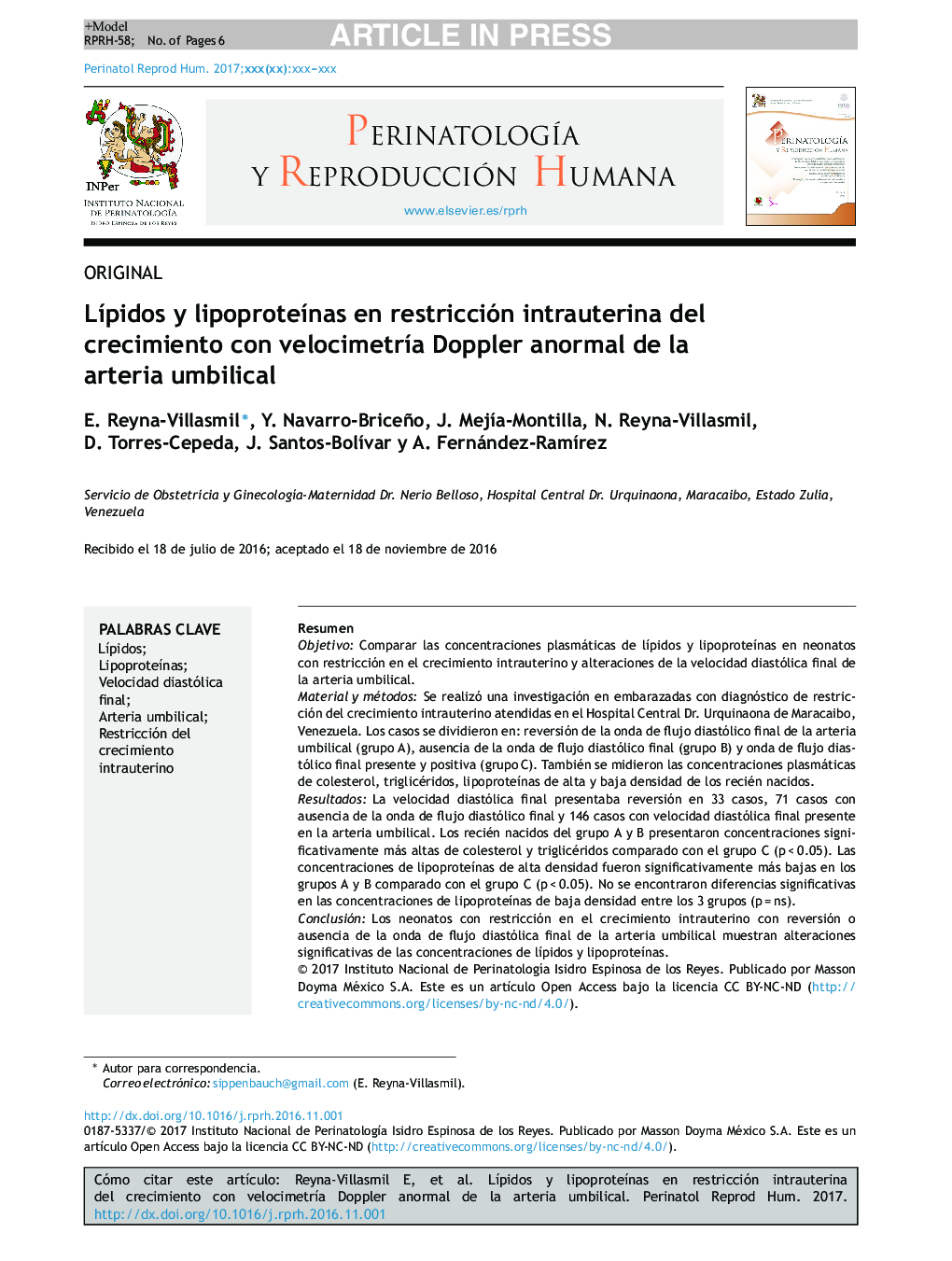 LÃ­pidos y lipoproteÃ­nas en restricción intrauterina del crecimiento con velocimetrÃ­a Doppler anormal de la arteria umbilical