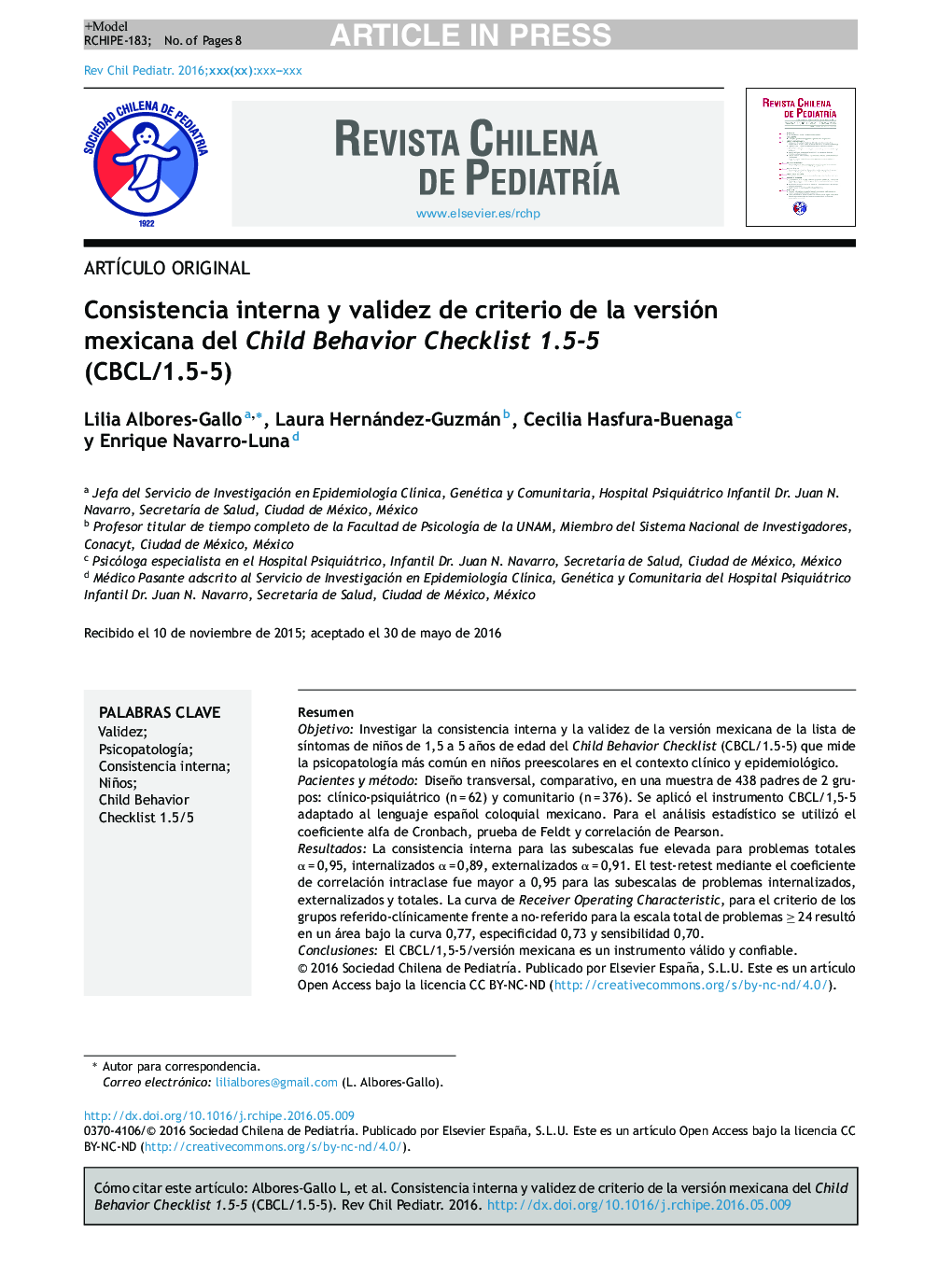 Consistencia interna y validez de criterio de la versión mexicana del Child Behavior Checklist 1.5-5 (CBCL/1.5-5)