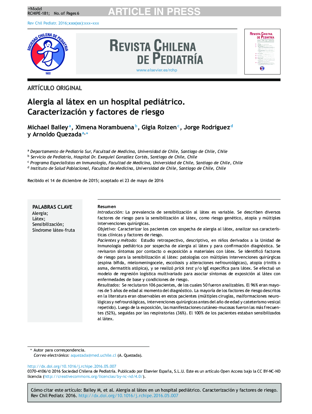 Alergia al látex en un hospital pediátrico. Caracterización y factores de riesgo