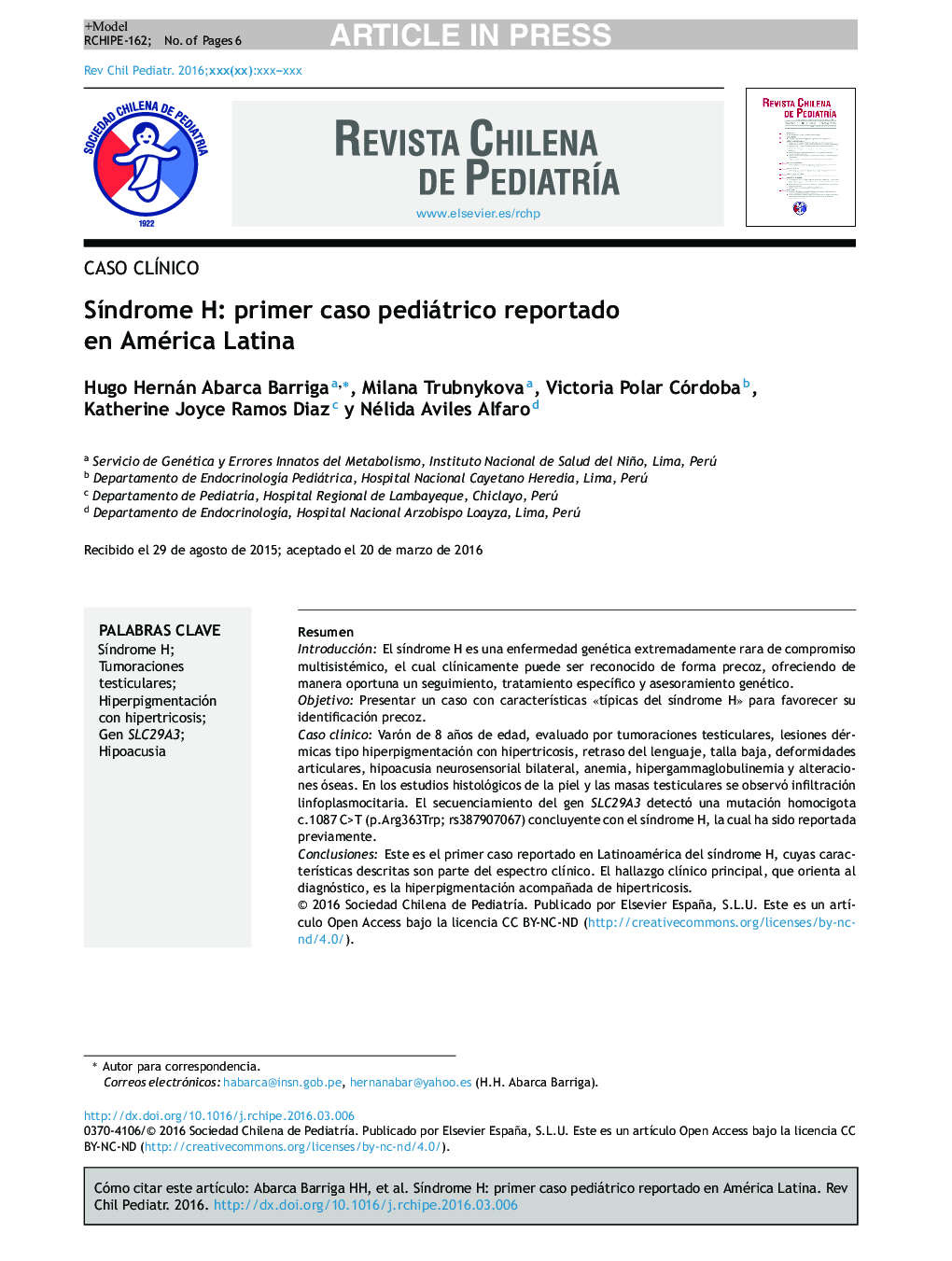 SÃ­ndrome H: primer caso pediátrico reportado en América Latina
