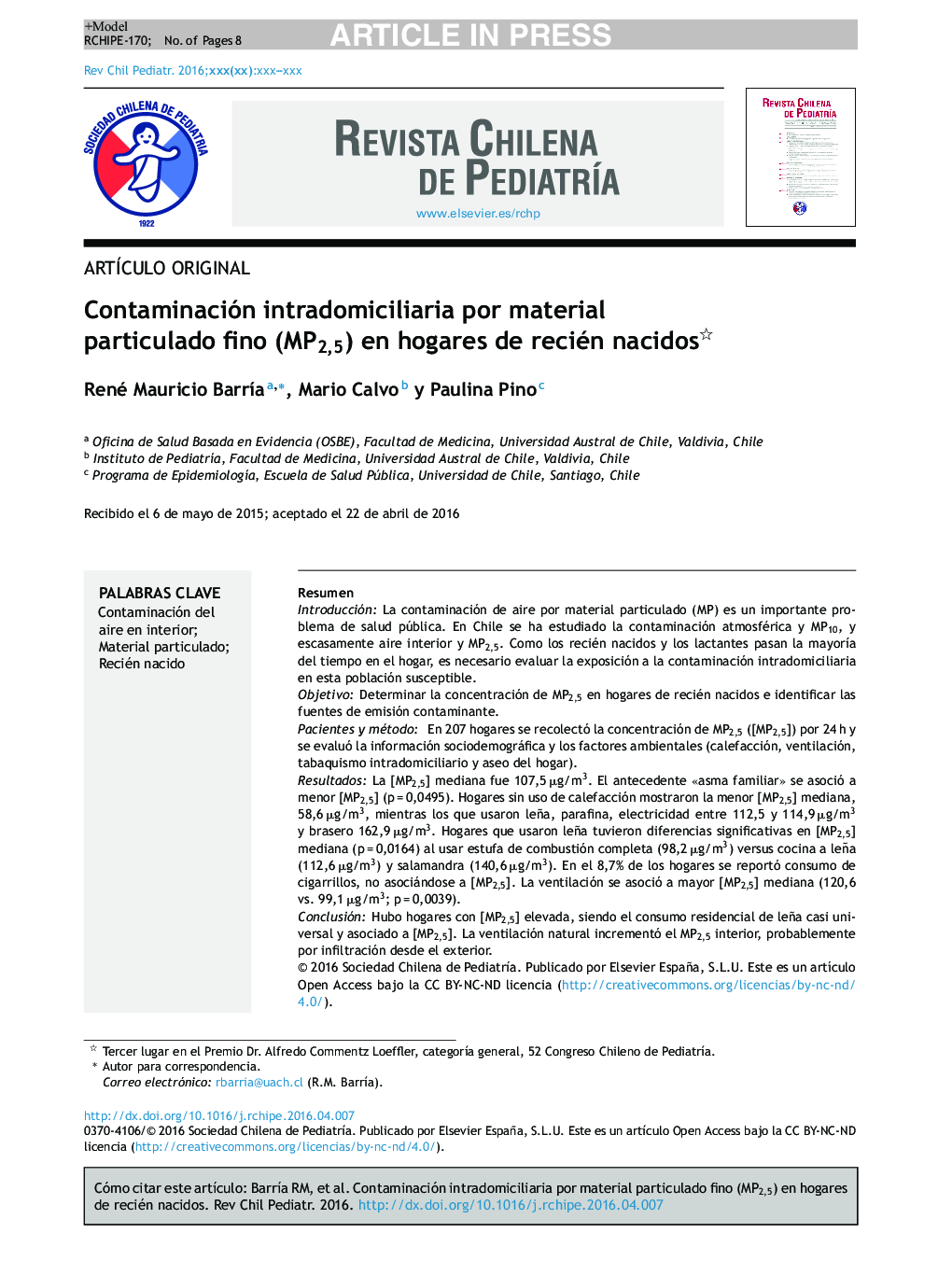 Contaminación intradomiciliaria por material particulado fino (MP2,5) en hogares de recién nacidos