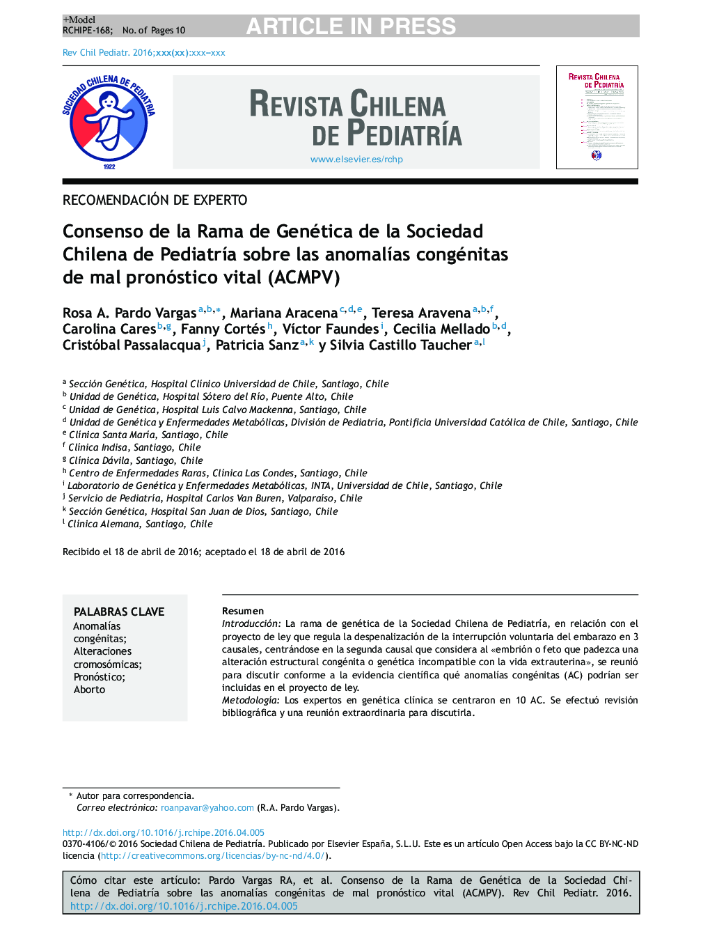 Consenso de la Rama de Genética de la Sociedad Chilena de PediatrÃ­a sobre las anomalÃ­as congénitas de mal pronóstico vital (ACMPV)