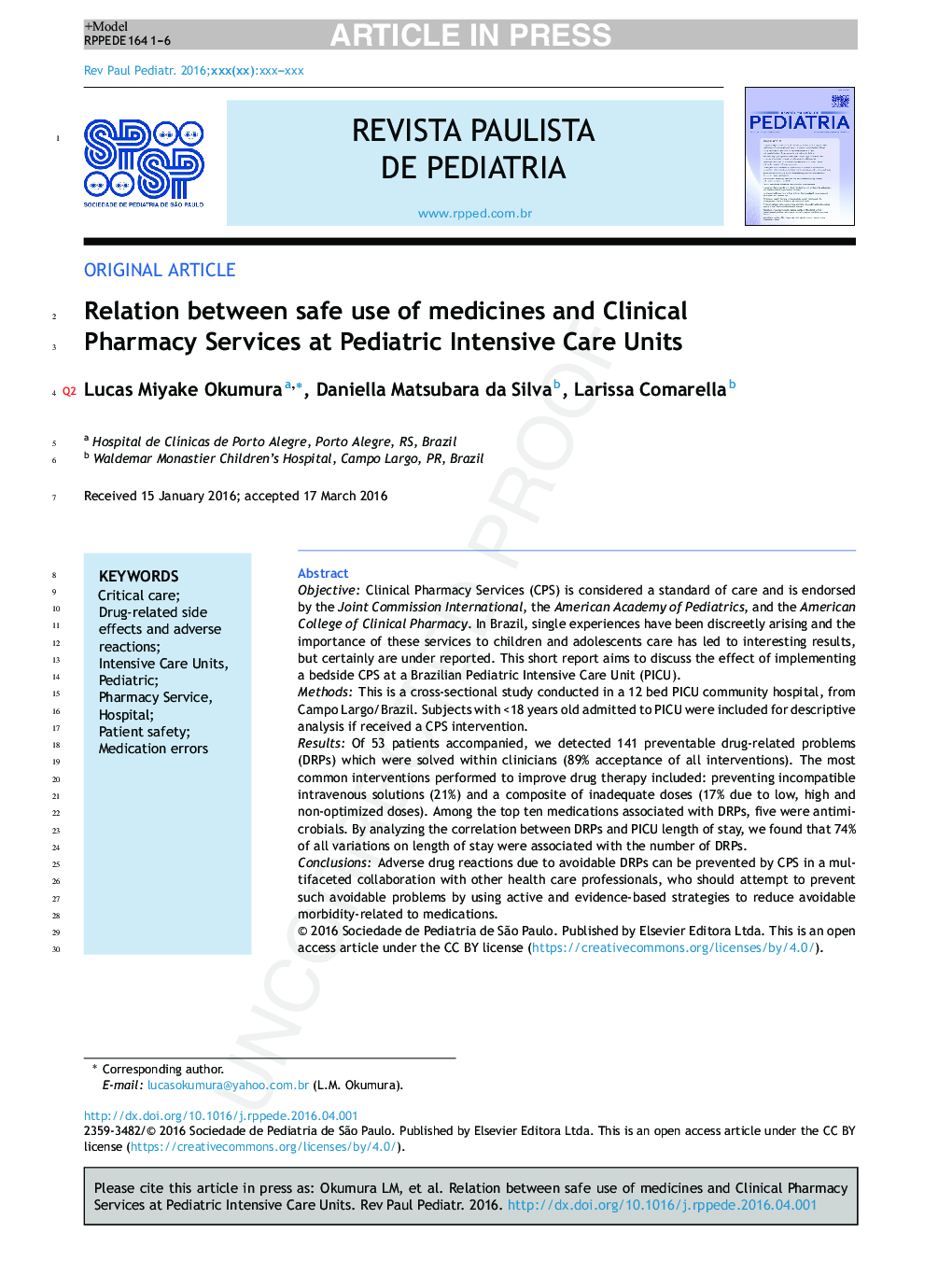 Relation between safe use of medicines and Clinical Pharmacy Services at Pediatric Intensive Care Units