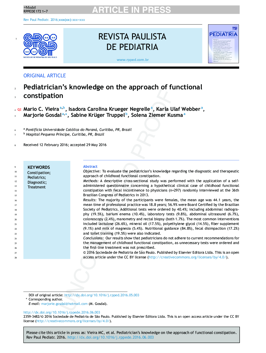 Pediatrician's knowledge on the approach of functional constipation