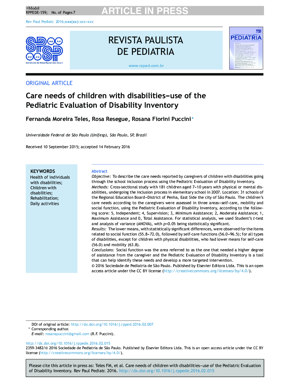 Care needs of children with disabilities - Use of the Pediatric Evaluation of Disability Inventory