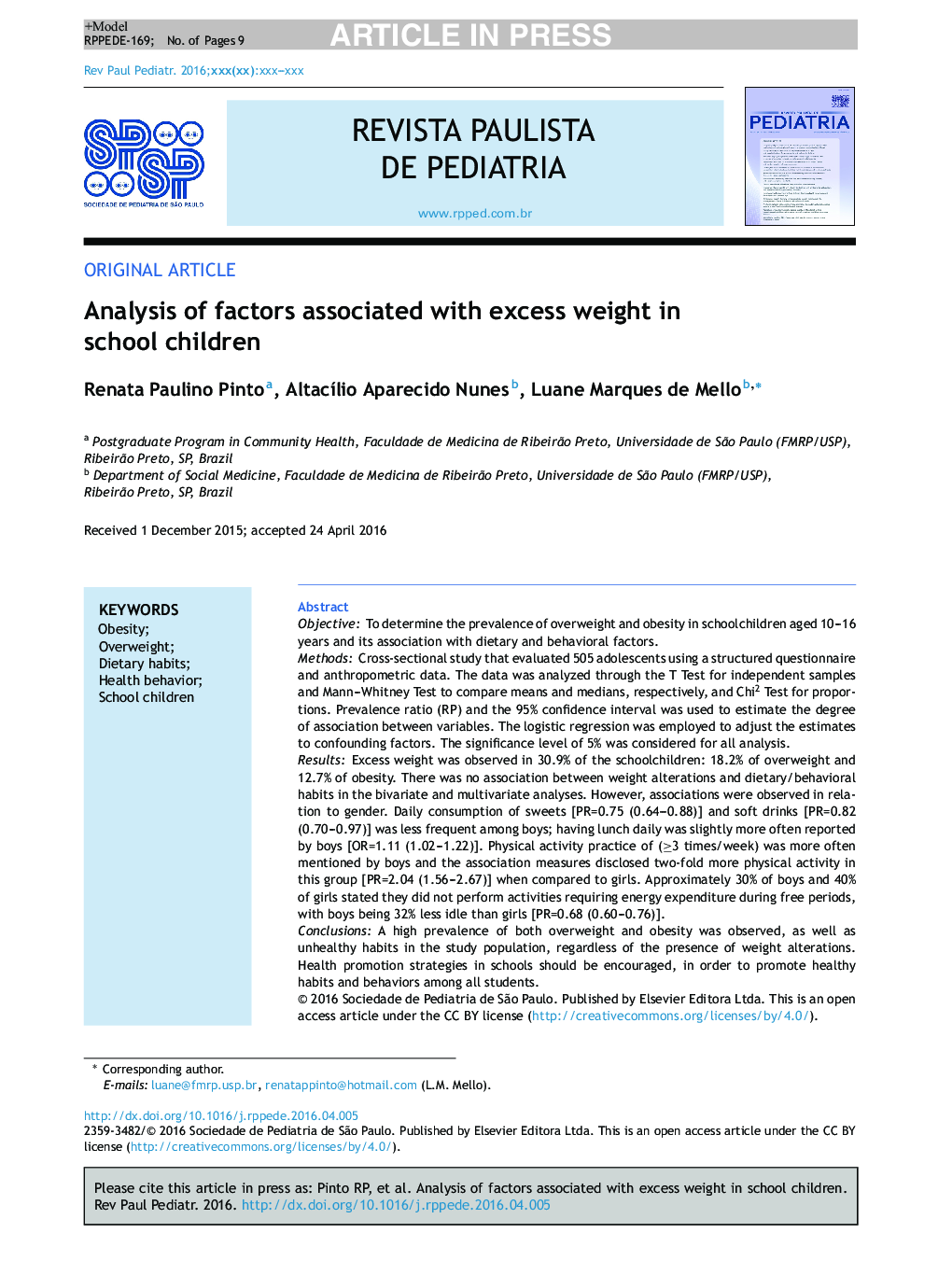 Analysis of factors associated with excess weight in school children