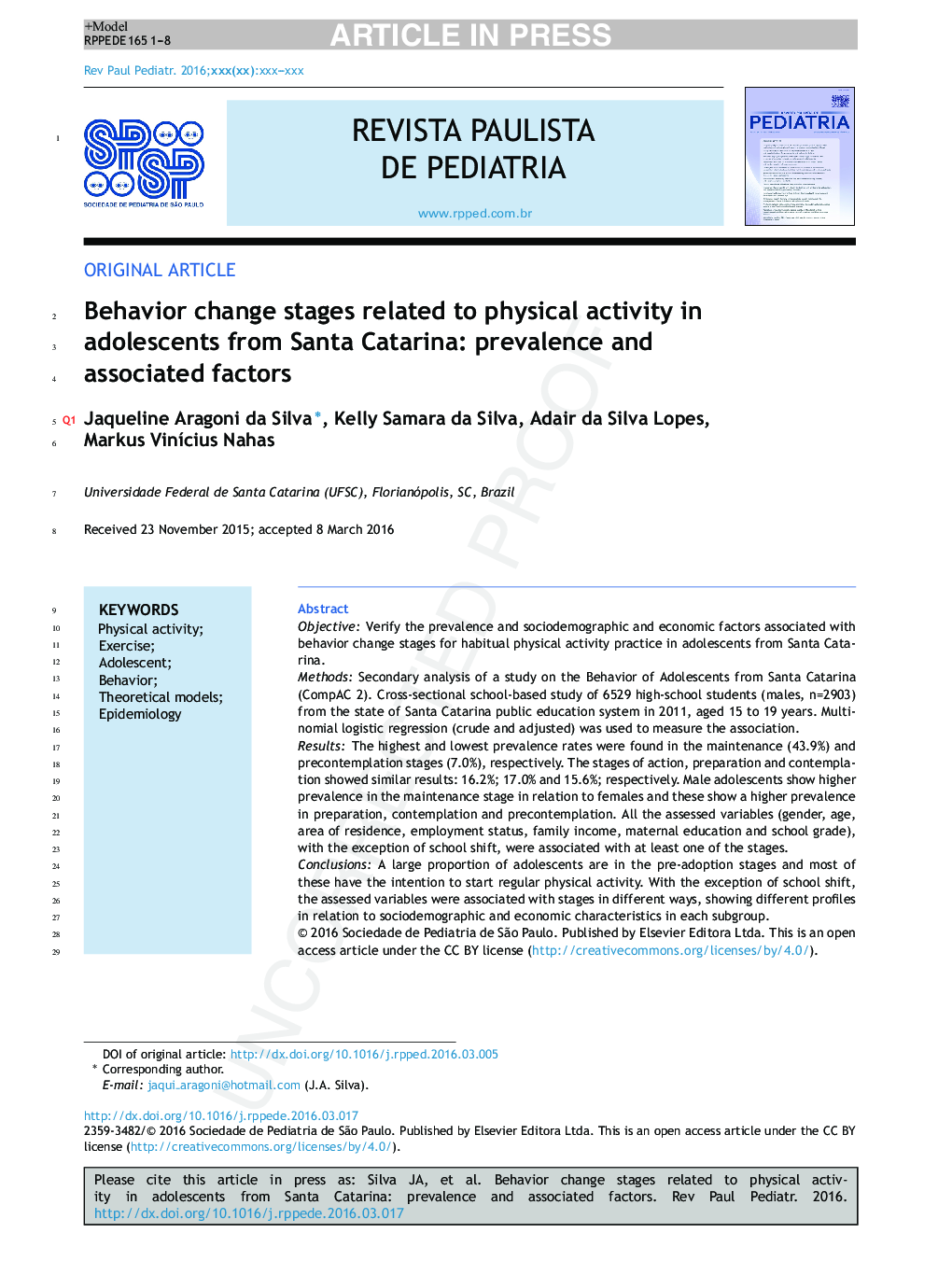 مراحل تغییر رفتار مربوط به فعالیت بدنی در نوجوانان سانتا کاتارینا: شیوع و عوامل مرتبط با آن 