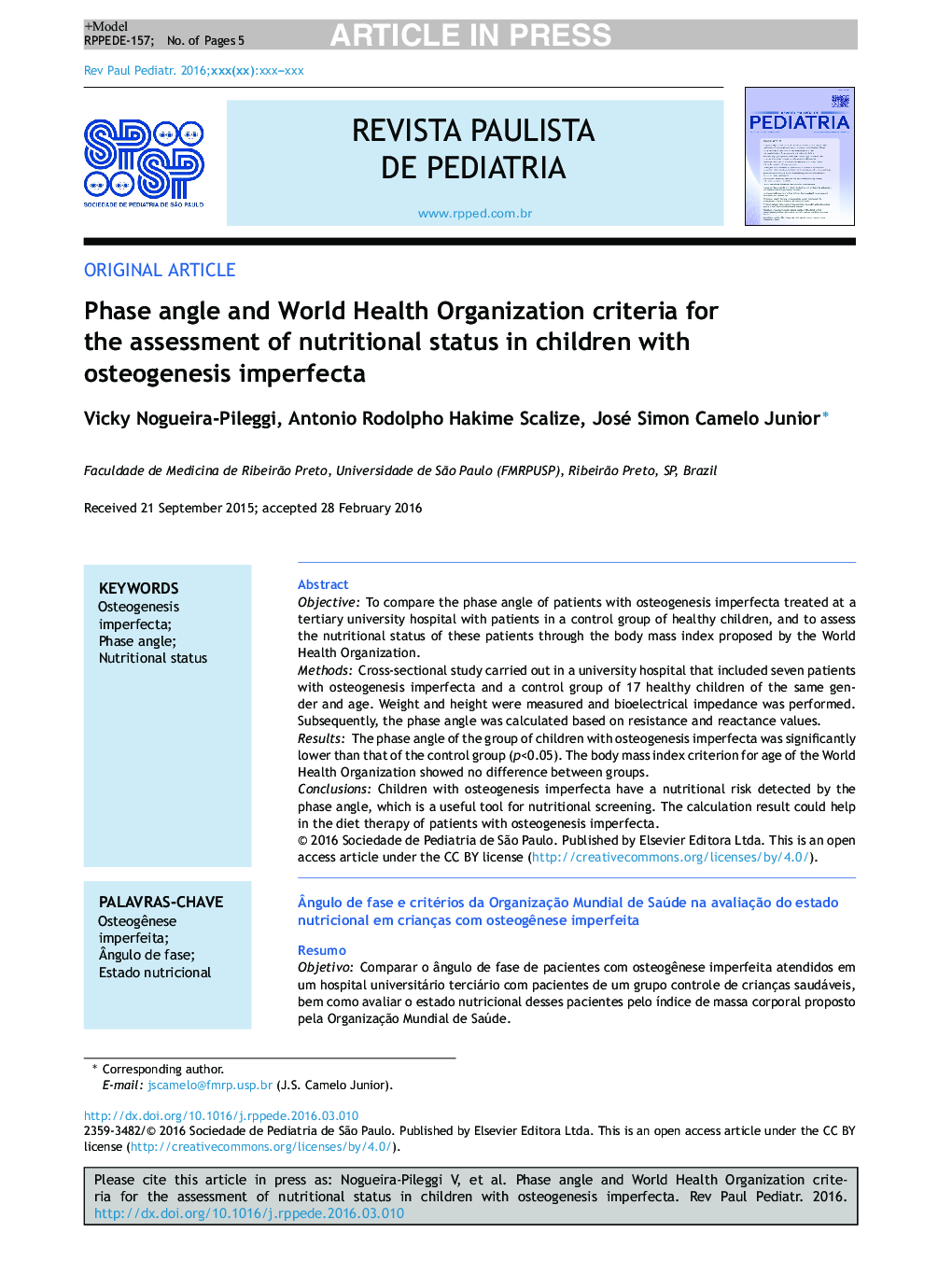 Phase angle and World Health Organization criteria for the assessment of nutritional status in children with osteogenesis imperfecta