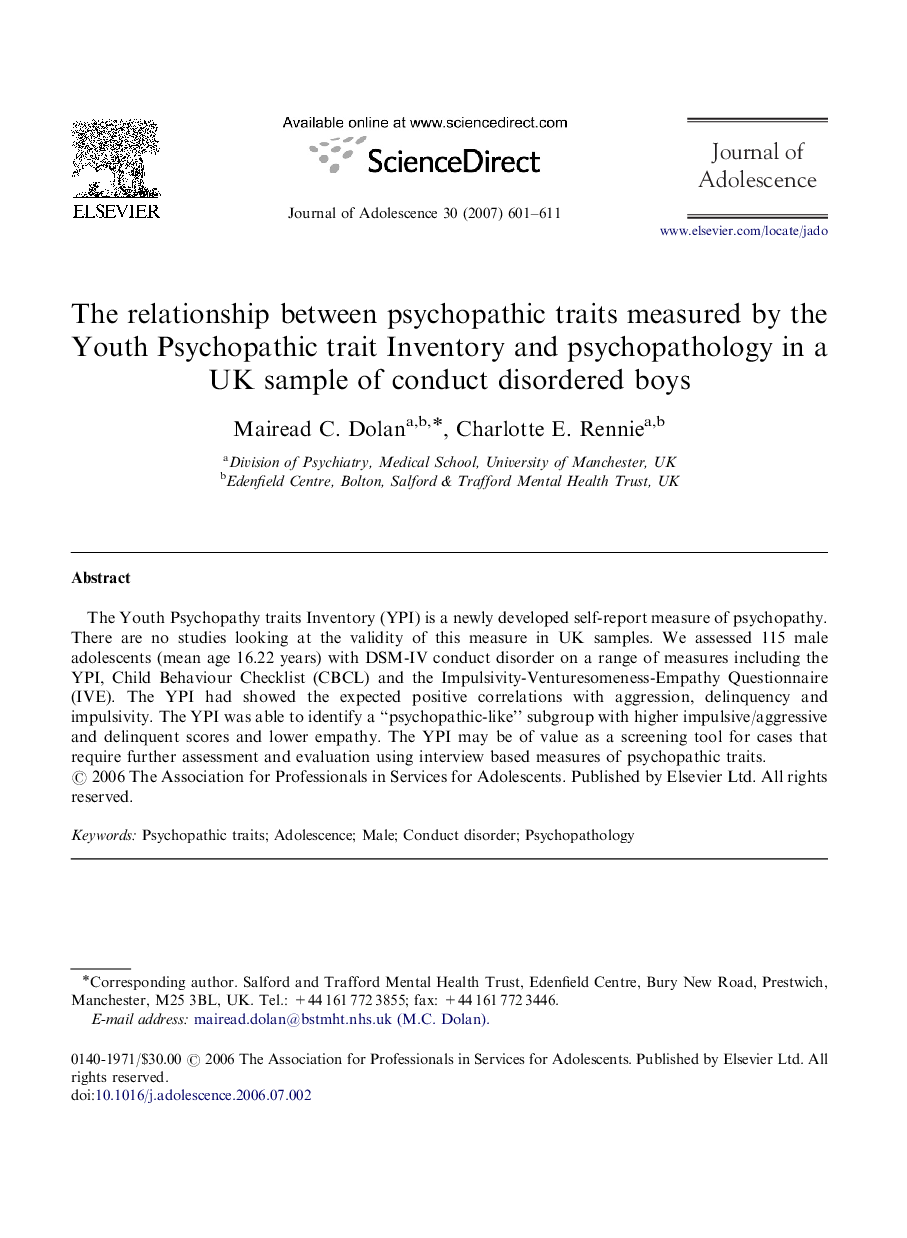 The relationship between psychopathic traits measured by the Youth Psychopathic trait Inventory and psychopathology in a UK sample of conduct disordered boys