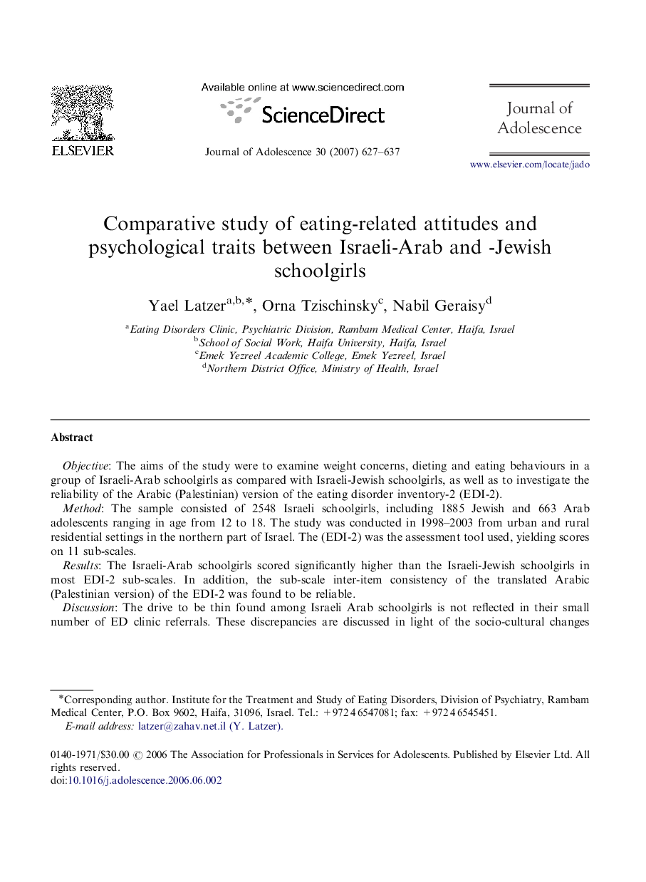 Comparative study of eating-related attitudes and psychological traits between Israeli-Arab and -Jewish schoolgirls