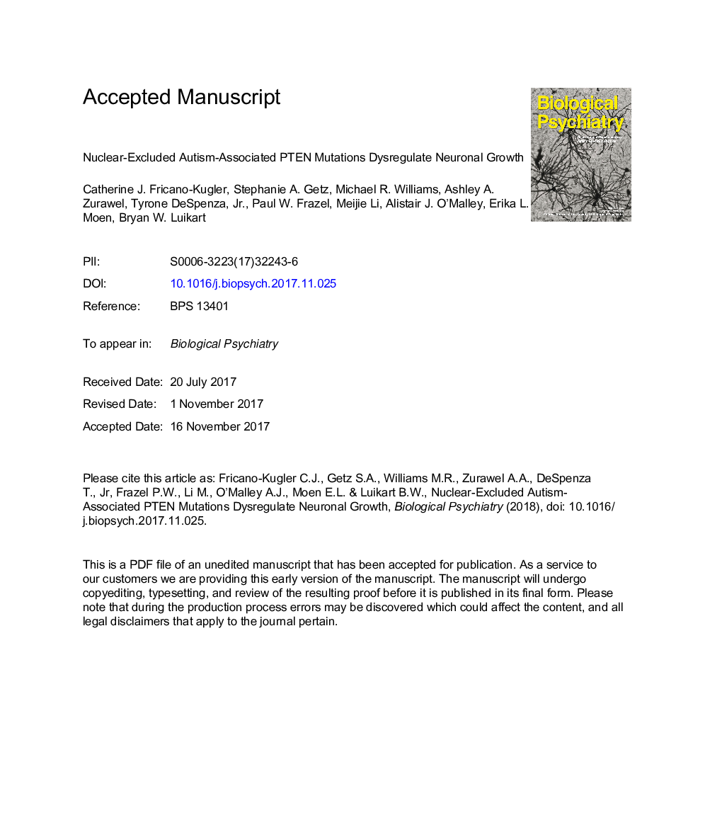 Nuclear Excluded Autism-Associated Phosphatase and Tensin Homolog Mutations Dysregulate Neuronal Growth