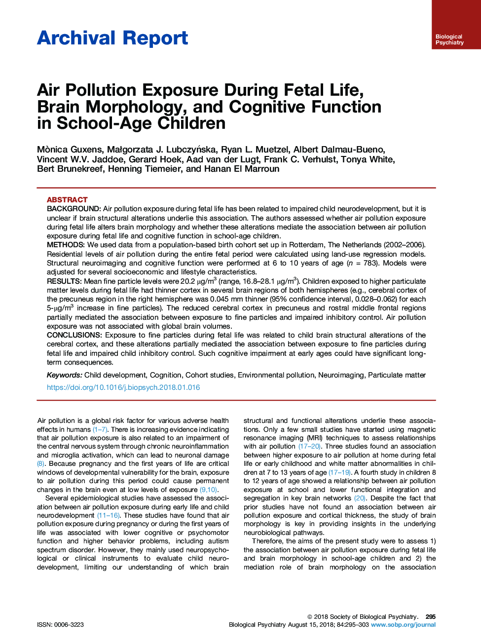 Air Pollution Exposure During Fetal Life, Brain Morphology, and Cognitive Function in School-Age Children