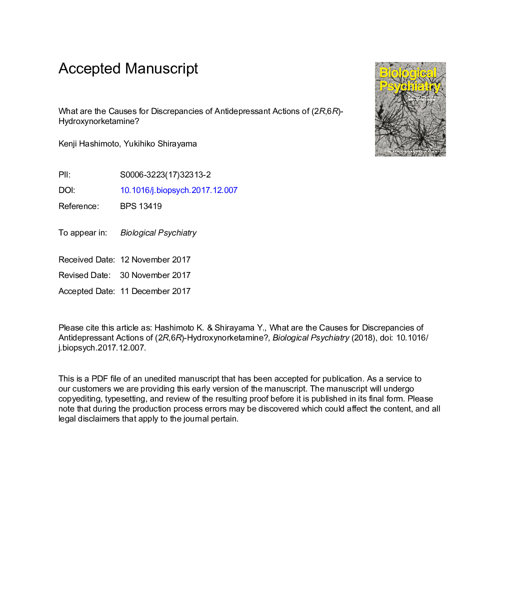 What Are the Causes for Discrepancies of Antidepressant Actions of (2R,6R)-Hydroxynorketamine?
