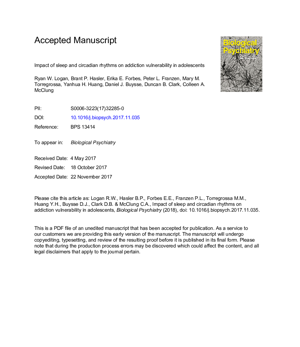 Impact of Sleep and Circadian Rhythms on Addiction Vulnerability in Adolescents