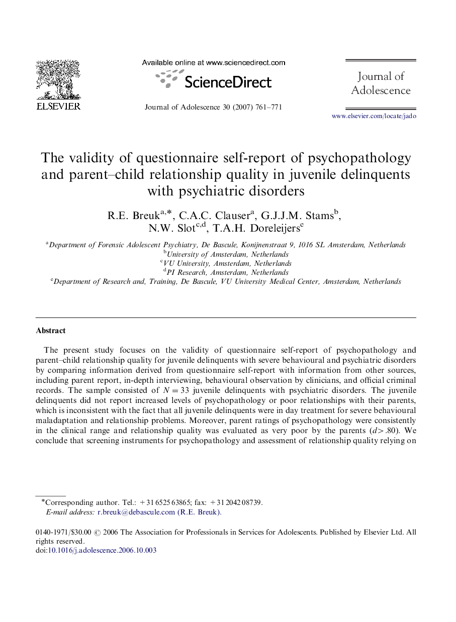 The validity of questionnaire self-report of psychopathology and parent–child relationship quality in juvenile delinquents with psychiatric disorders