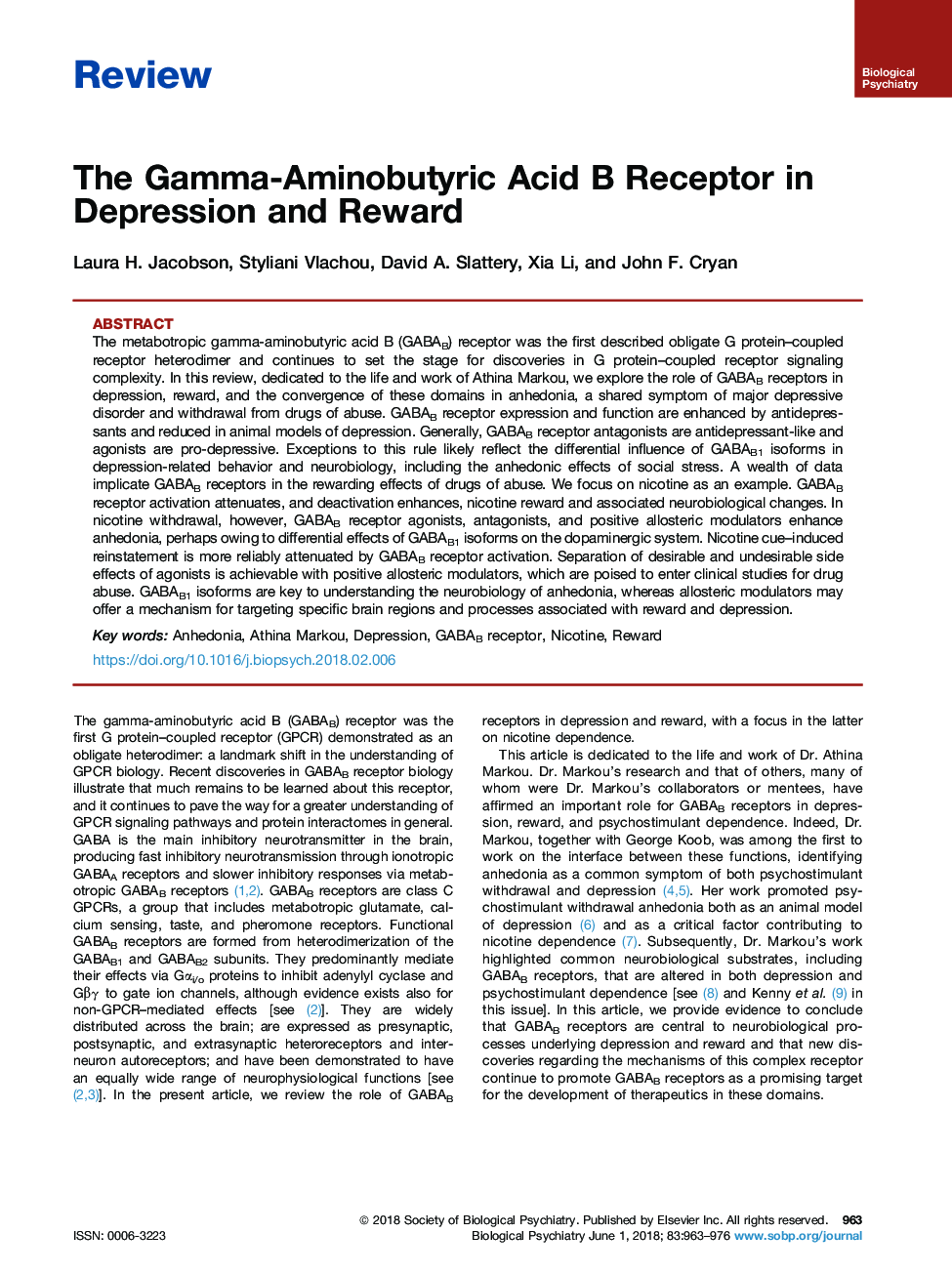 The Gamma-Aminobutyric Acid B Receptor in Depression and Reward