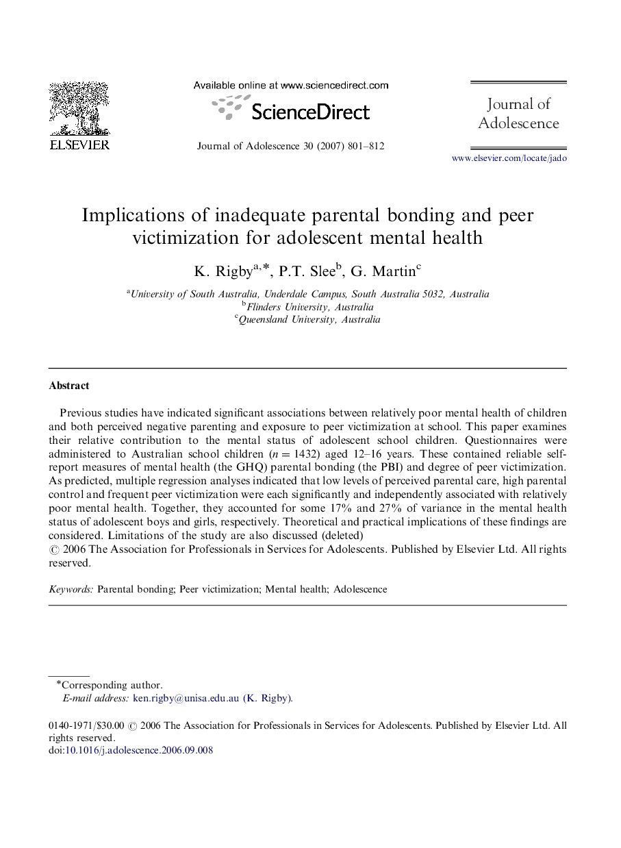 Implications of inadequate parental bonding and peer victimization for adolescent mental health